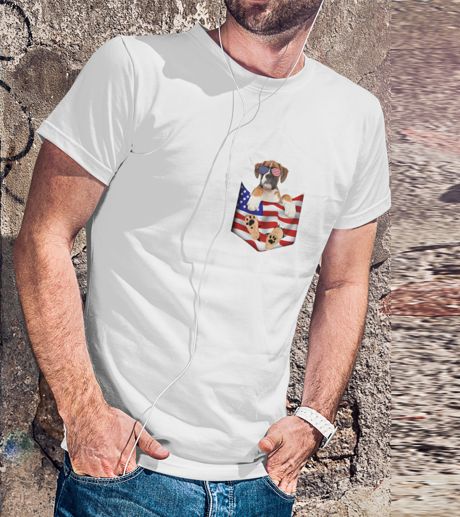 Boxer Puppy Wearing American Flag Sunglasses Sitting In Flag Pocket 4th Of July T-Shirt