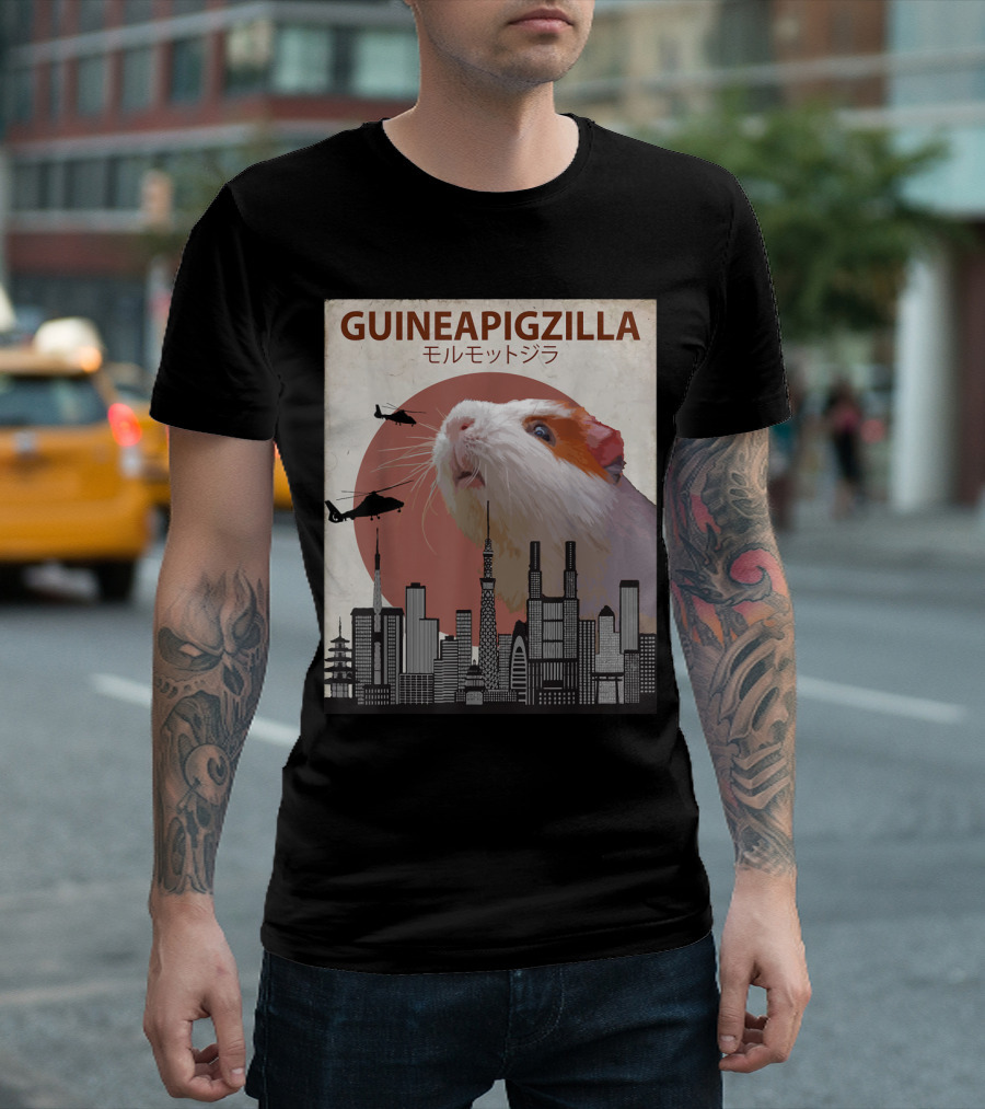 Guineapigzilla モルモットジラ Funny Guinea Pig Cityscape Helicopters T-Shirt