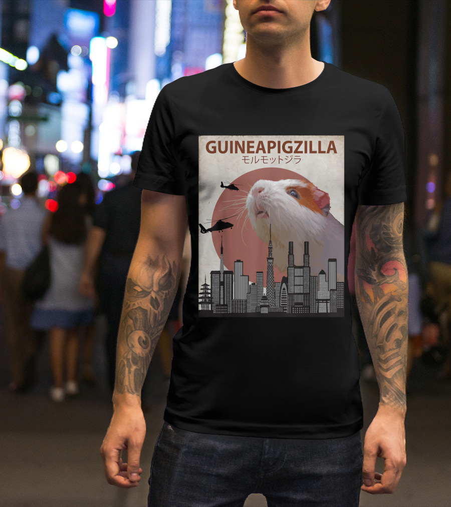 Guineapigzilla モルモットジラ Funny Guinea Pig Cityscape Helicopters T-Shirt