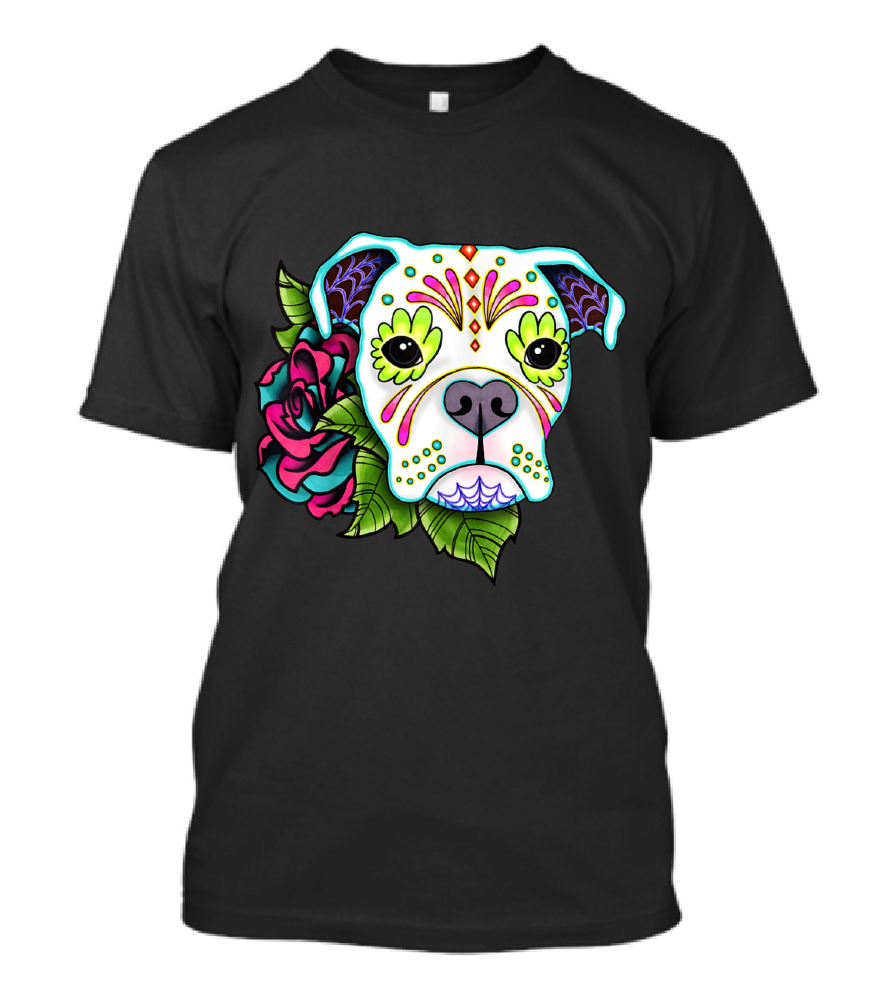 Boxer Dog Sugar Skull With Floral Elements For Day Of The Dead T-Shirt