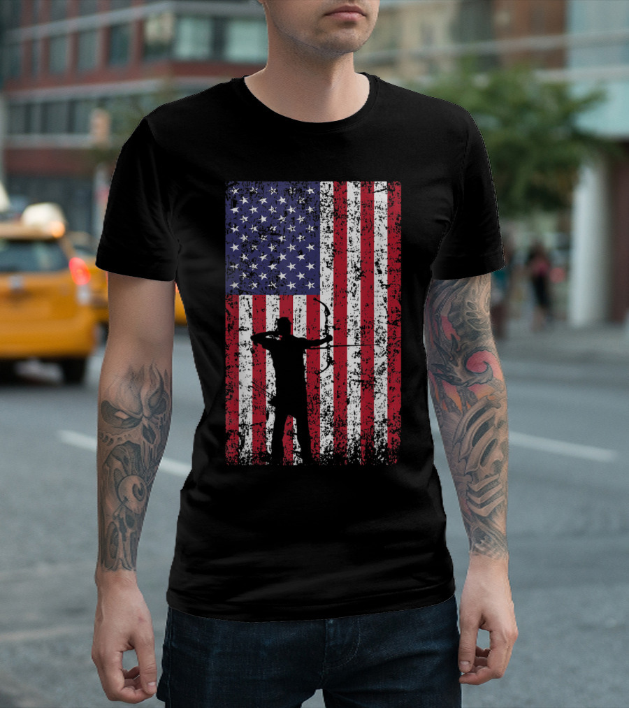 Archery Silhouette On Distressed American Flag Background T-Shirt