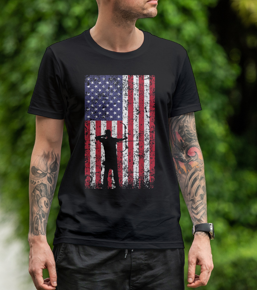 Archery Silhouette On Distressed American Flag Background T-Shirt
