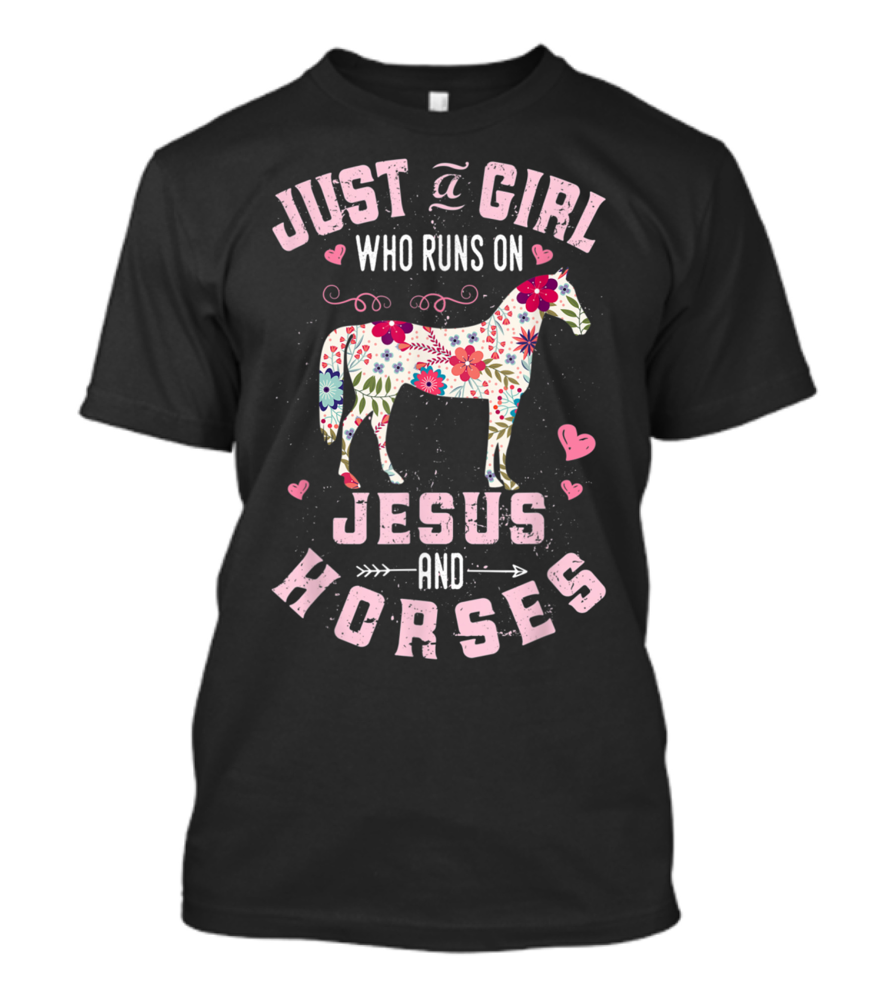 Just A Girl Who Runs On Jesus And Horses Floral Horse Hearts T-Shirt