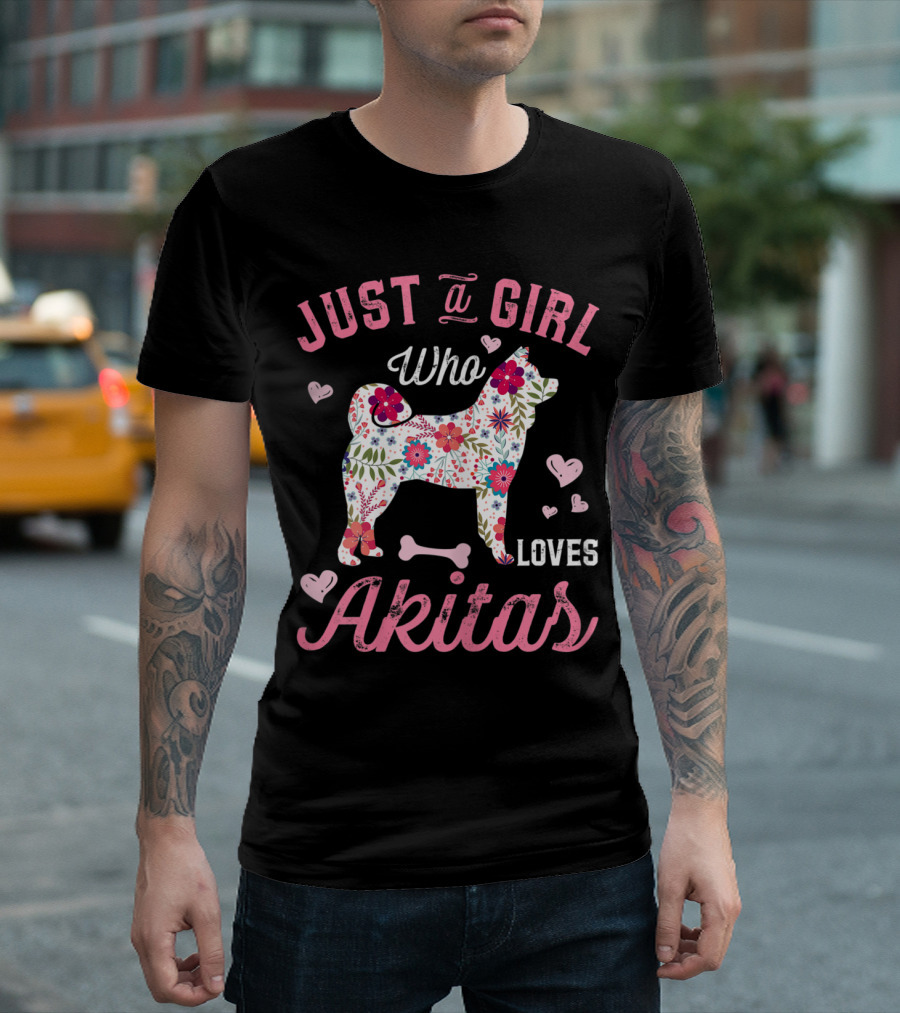 Just a Girl Who Loves Akitas with Floral Heart T-Shirt