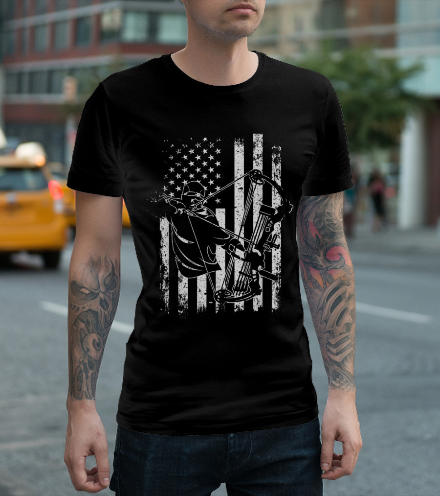 Patriotic Archery Bow Hunting Compound Bow Hunter USA Flag T-Shirt