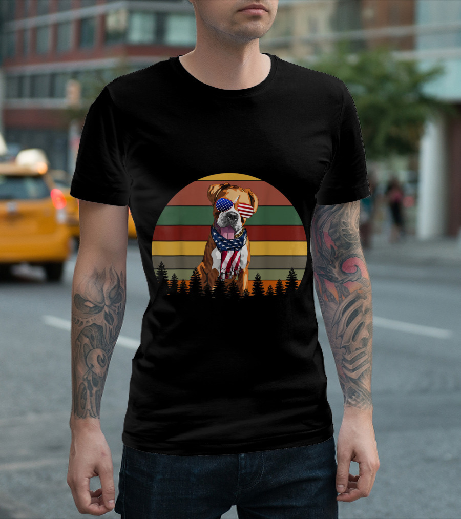 Boxer with American Flag Glasses and Scarf 4th of July Independence T-Shirt