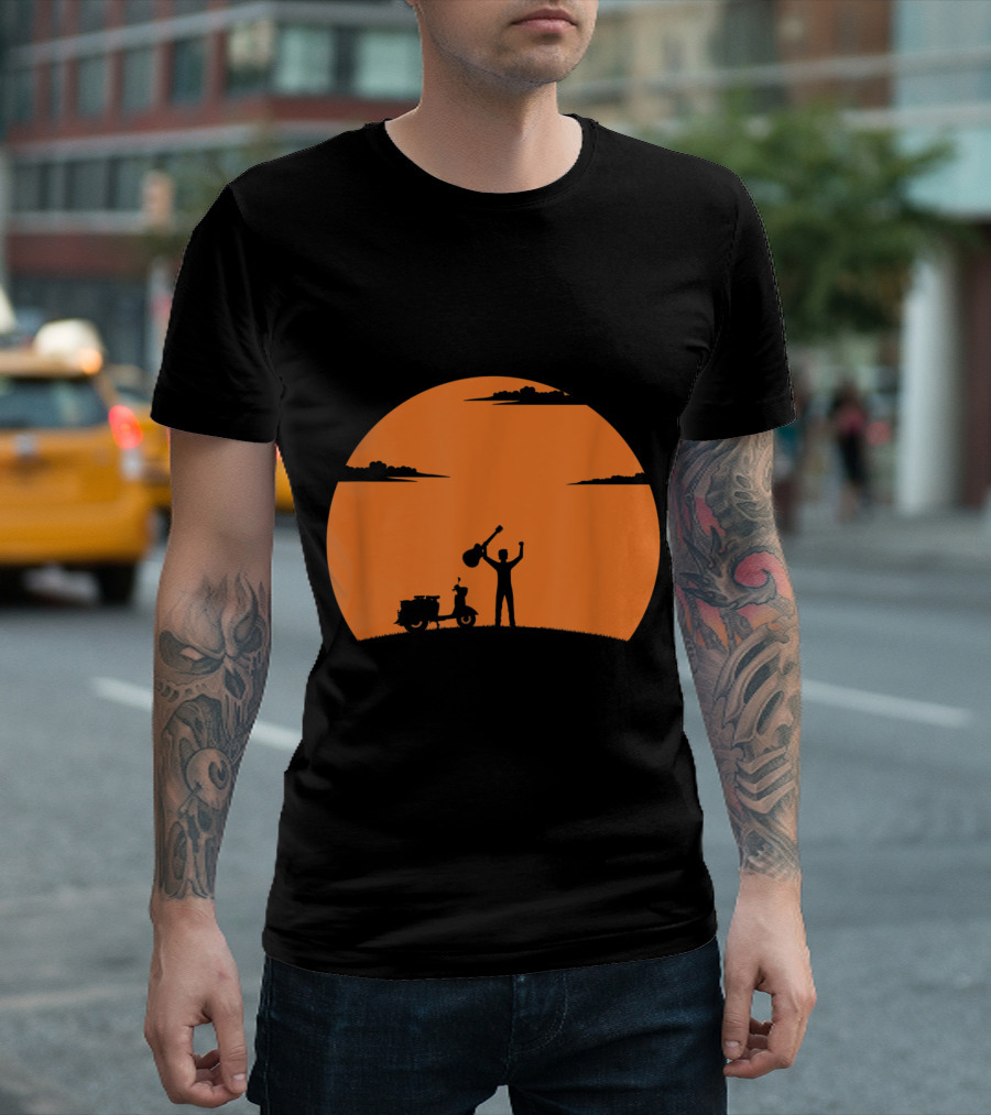 Guitarist Sunset With Guitar Silhouette And Motorcycle T-Shirt