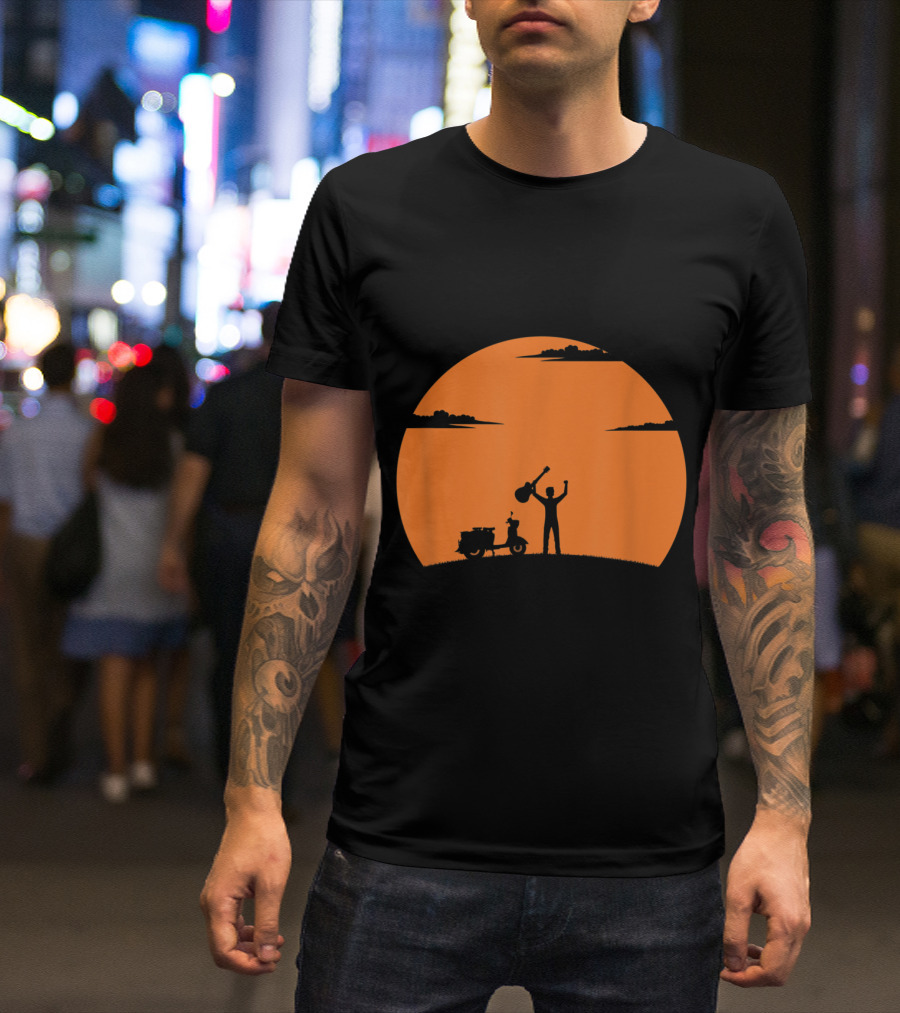 Guitarist Sunset With Guitar Silhouette And Motorcycle T-Shirt