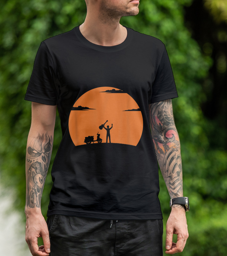 Guitarist Sunset With Guitar Silhouette And Motorcycle T-Shirt