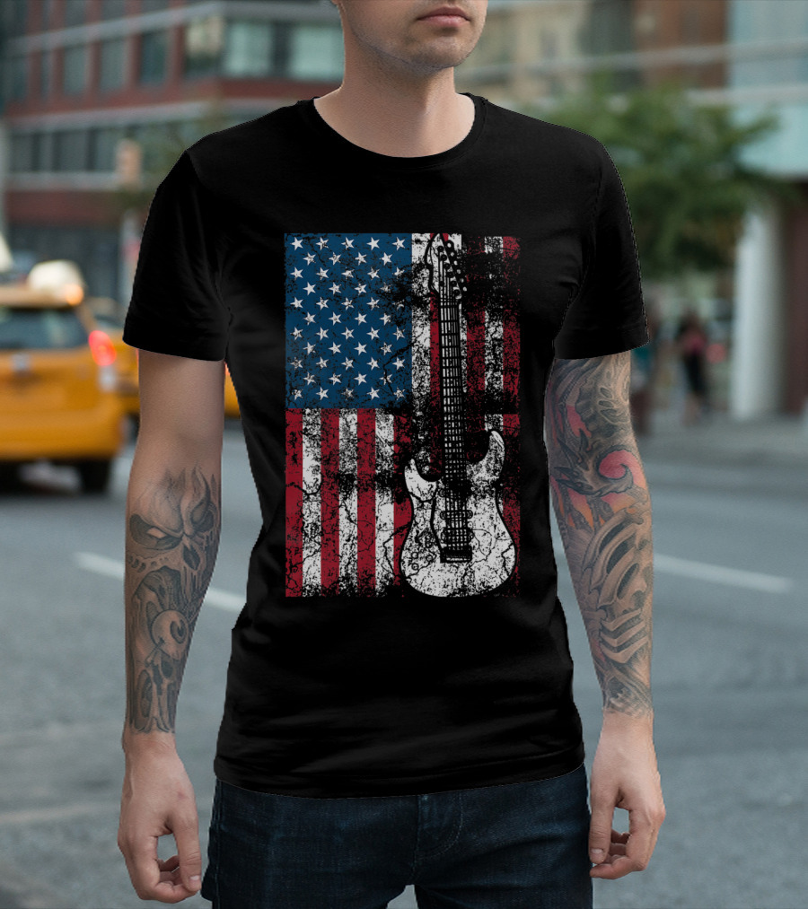 USA Flag Guitar Patriotic Distressed American Flag Guitar T-Shirt
