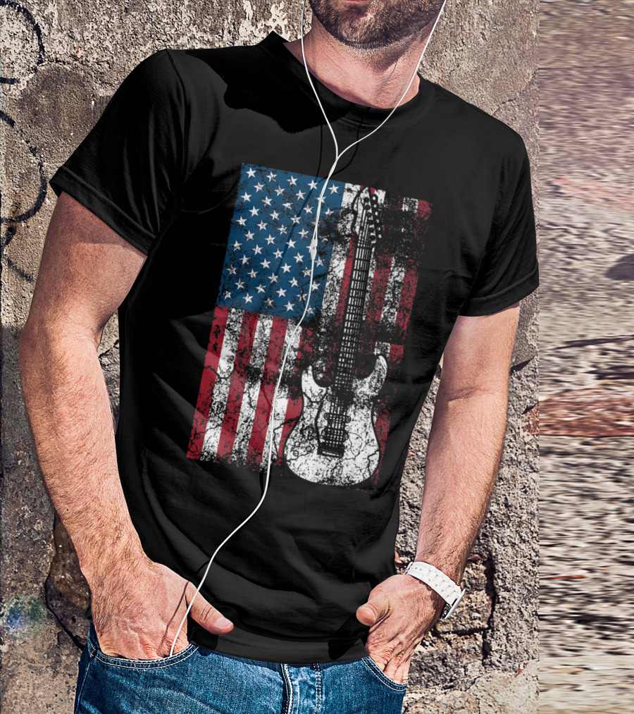 USA Flag Guitar Patriotic Distressed American Flag Guitar T-Shirt