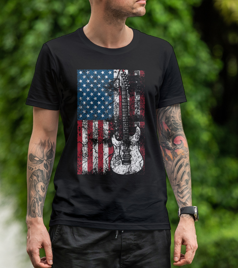 USA Flag Guitar Patriotic Distressed American Flag Guitar T-Shirt