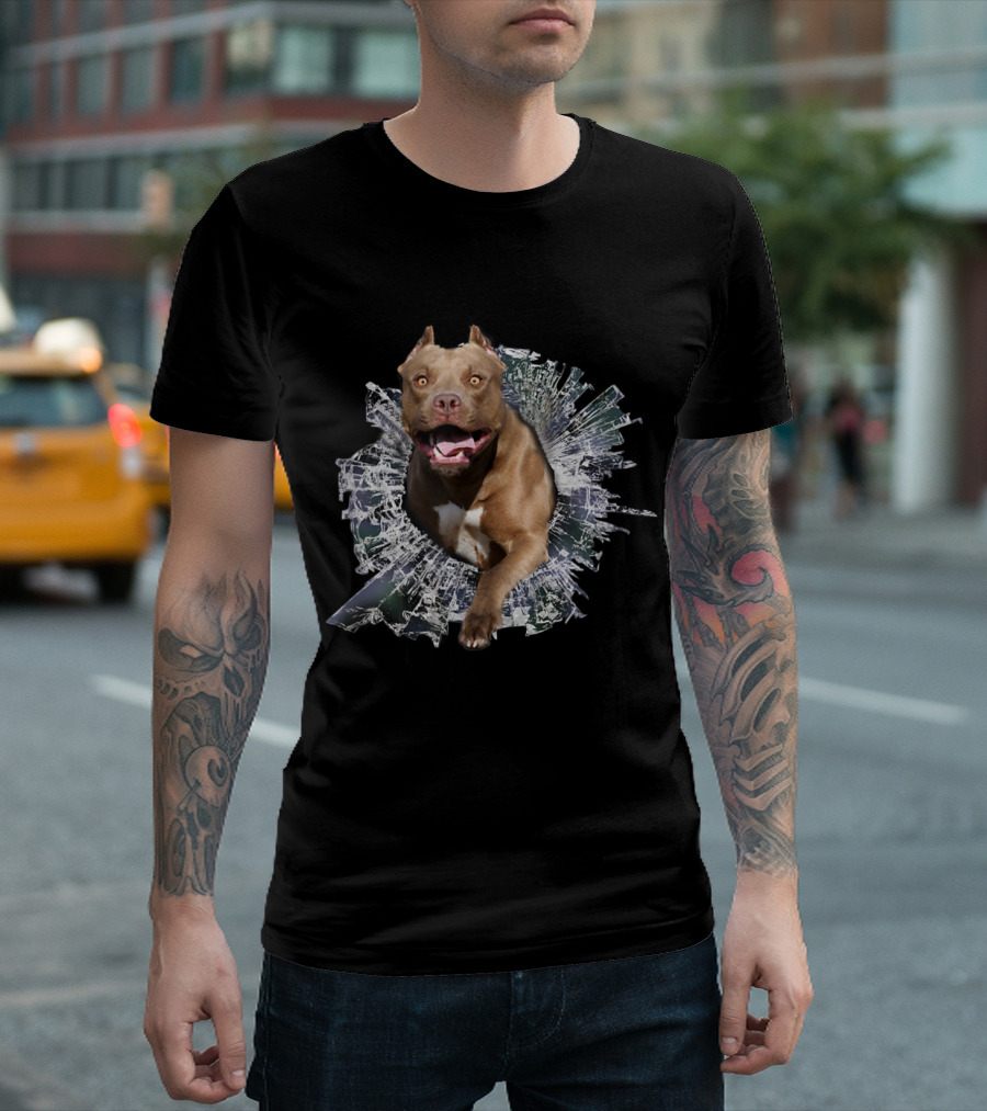 I Love My Pitbull Crashing Through Glass T-Shirt