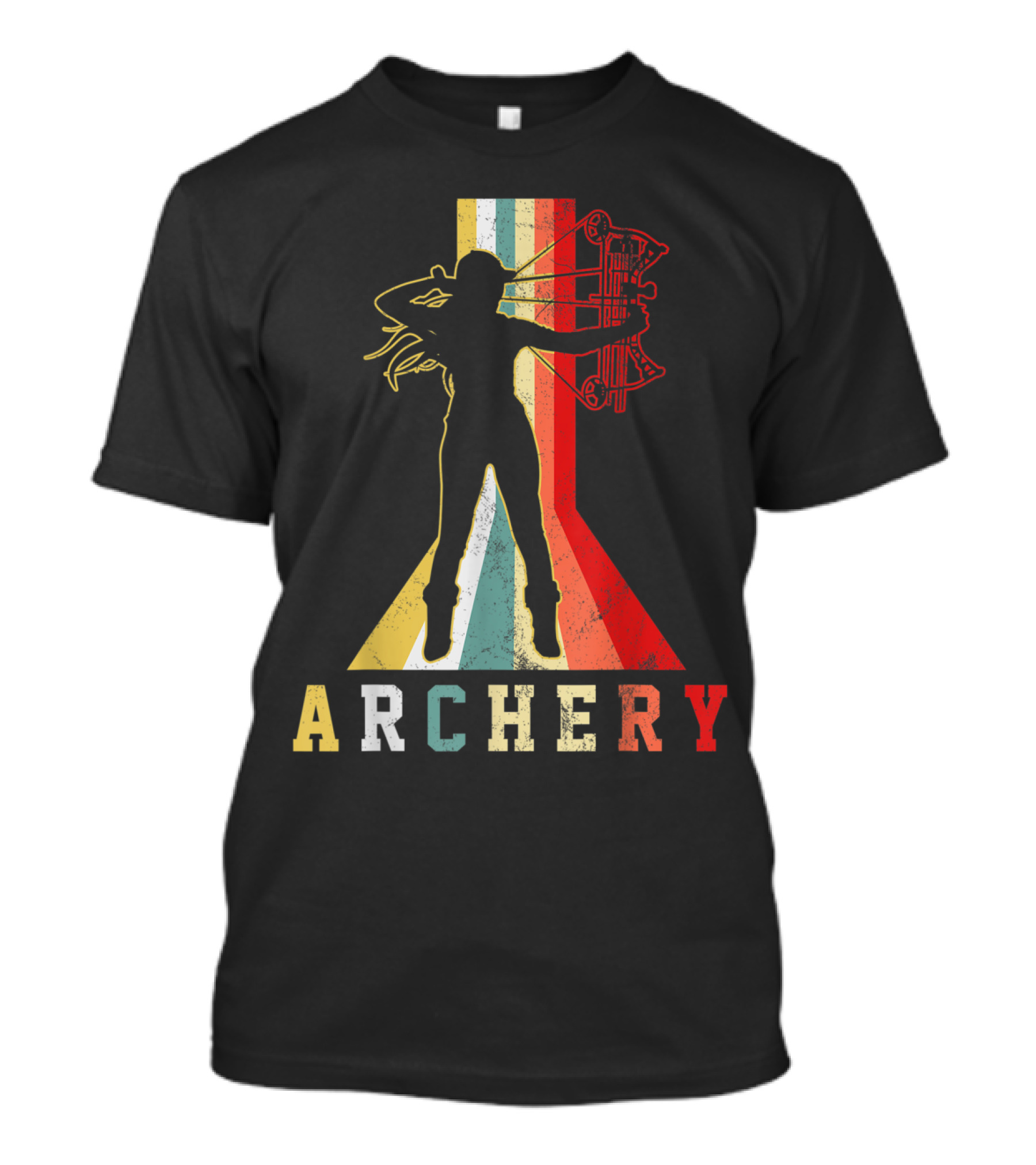 Archery Girl Bow Hunting Silhouette With Vintage Rainbow Stripe T-Shirt