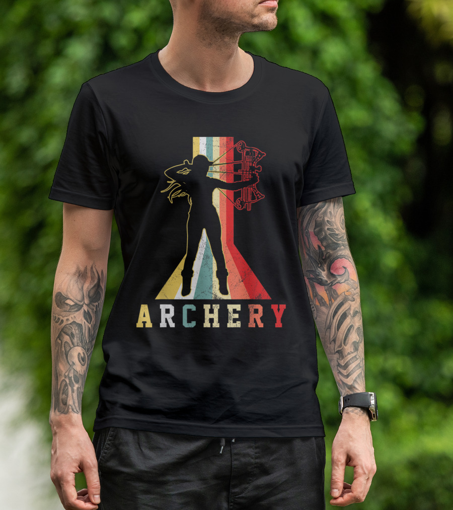 Archery Girl Bow Hunting Silhouette With Vintage Rainbow Stripe T-Shirt