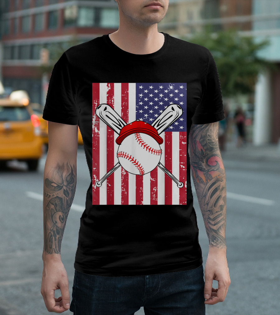 Boys Men 4th Of July American Flag Baseball Player Hat Crossed Bats T-Shirt