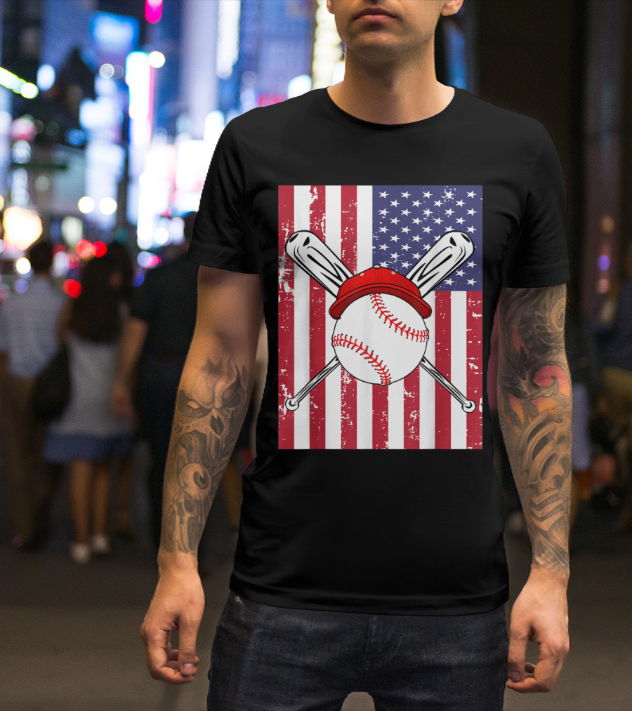 Boys Men 4th Of July American Flag Baseball Player Hat Crossed Bats T-Shirt