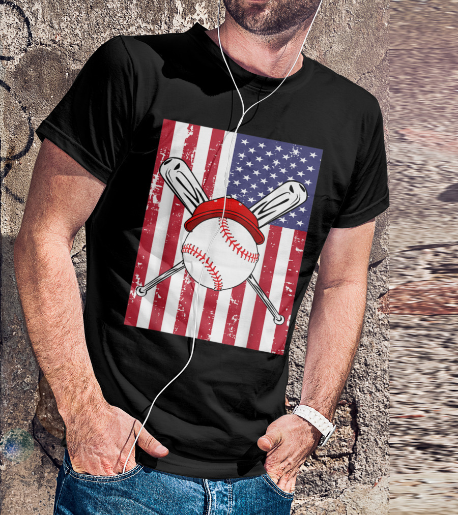 Boys Men 4th Of July American Flag Baseball Player Hat Crossed Bats T-Shirt