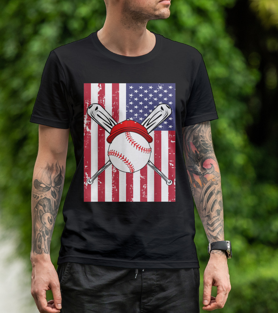 Boys Men 4th Of July American Flag Baseball Player Hat Crossed Bats T-Shirt