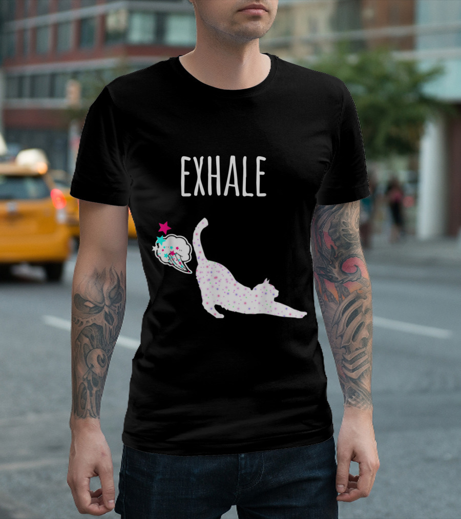 Exhale Cat Fart Funny Yoga Stretch with Stars and Colorful Clouds T-Shirt