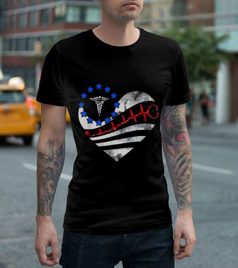 Heart Shaped Nursing Caduceus Stars and Stripes with Red Heartbeat Line T-Shirt