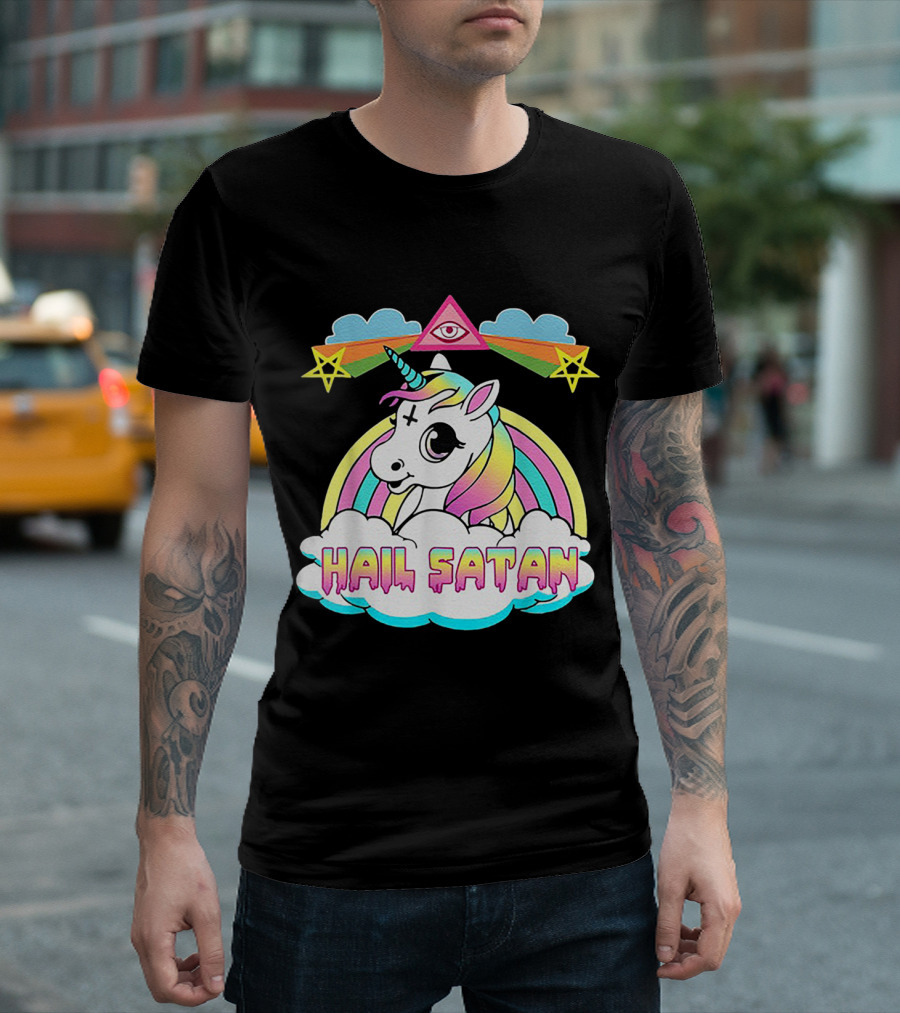 Hail Satan Unicorn with Rainbow and All-Seeing Eye in Funny Rain Clouds T-Shirt