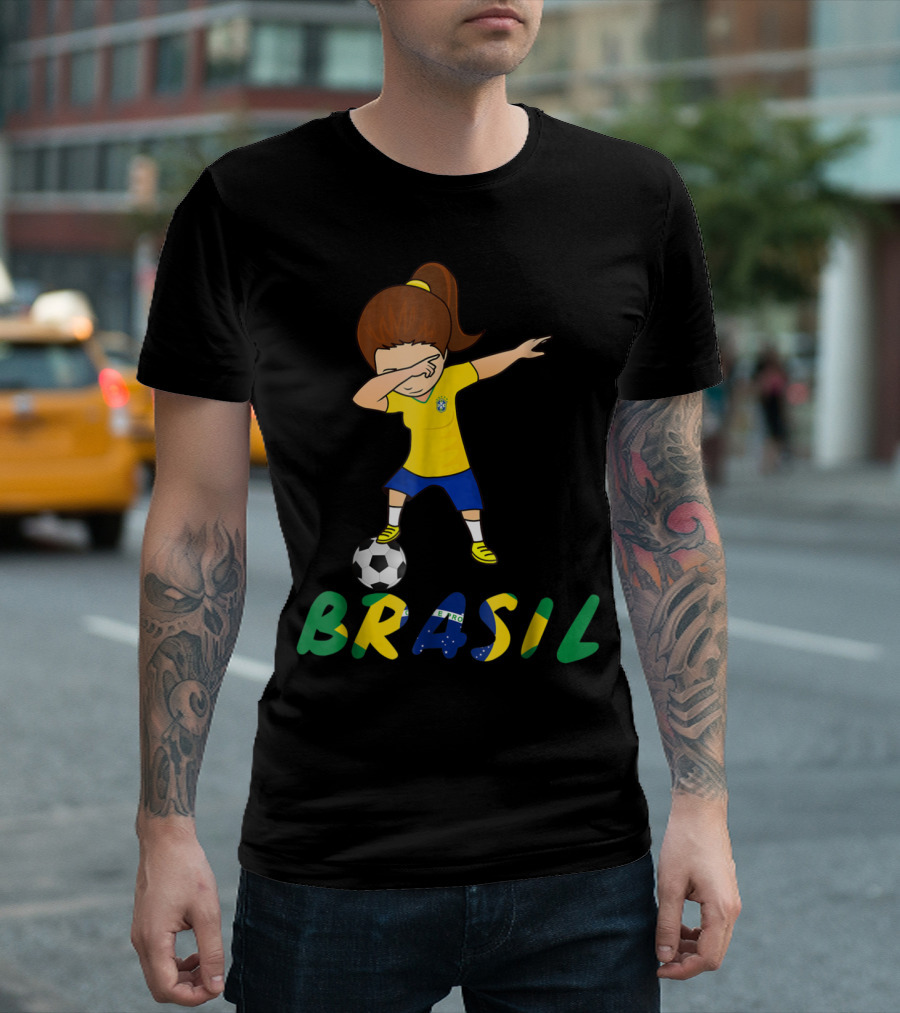 Brazil Brasil Dabbing Soccer Girl with Football T-Shirt