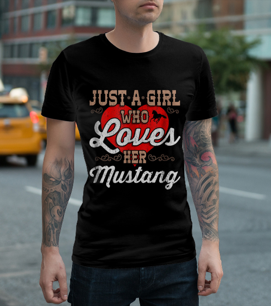 Just a Girl Who Loves Her Mustang Horse with Red Heart and Running Horse T-Shirt