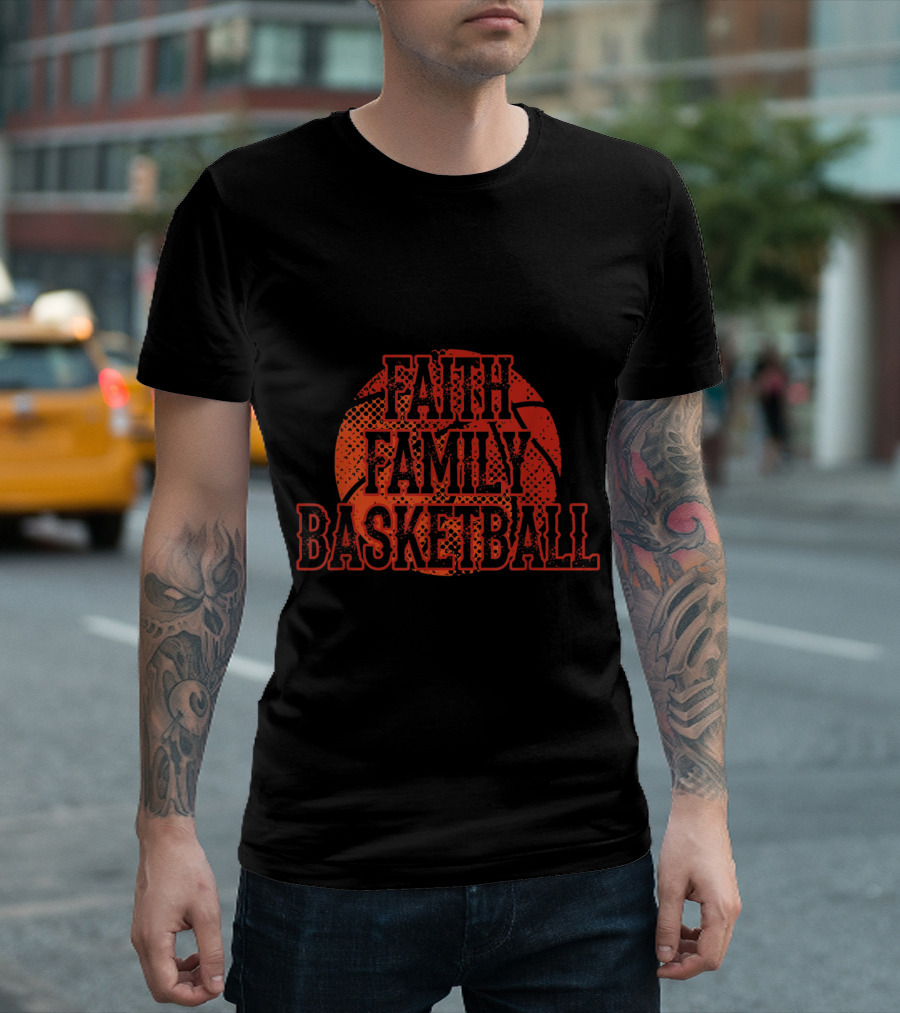 Faith Family Basketball Distressed Red Basketball Background T-Shirt