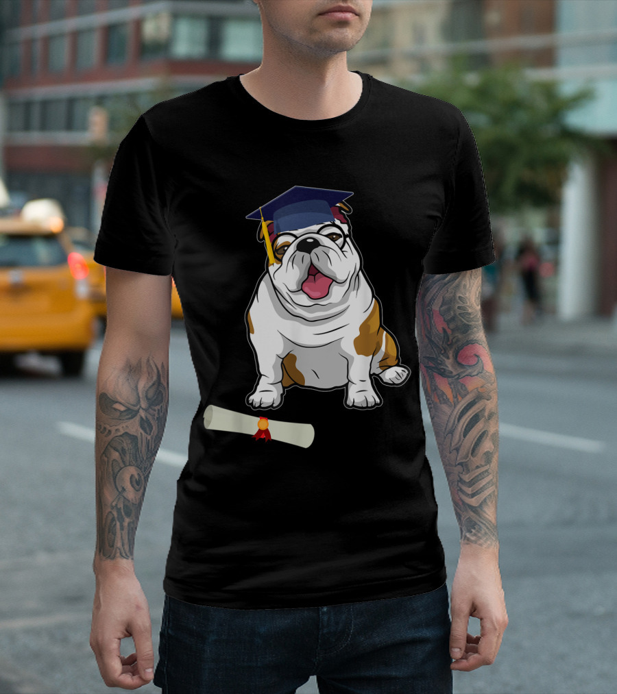 British Bulldog Wearing Graduation Cap With Diploma T-Shirt