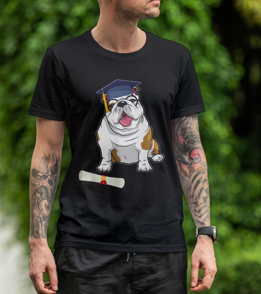 British Bulldog Wearing Graduation Cap With Diploma T-Shirt