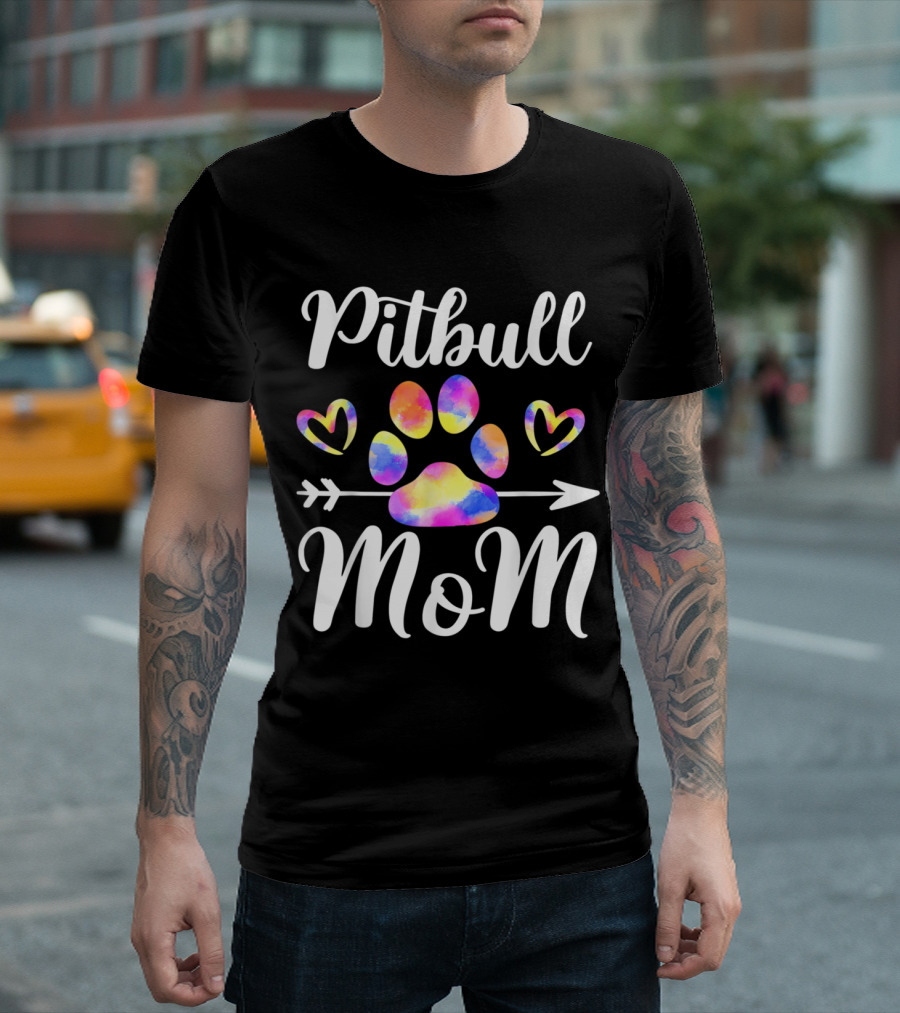 Pitbull Mom Rainbow Paw Print Arrow Hearts T-Shirt