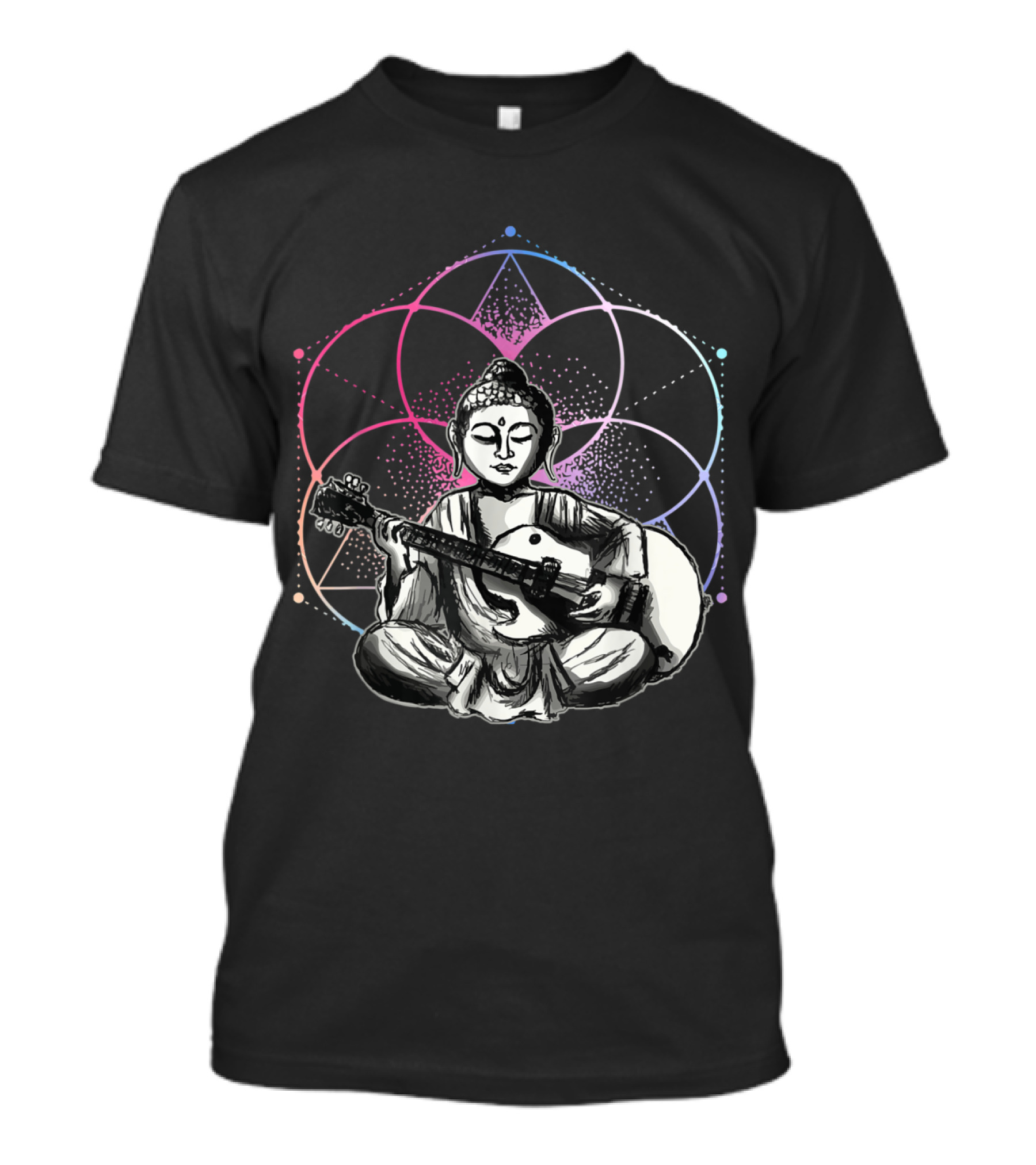 Buddha Playing Guitar Yoga Buddhist Sacred Geometry T-Shirt