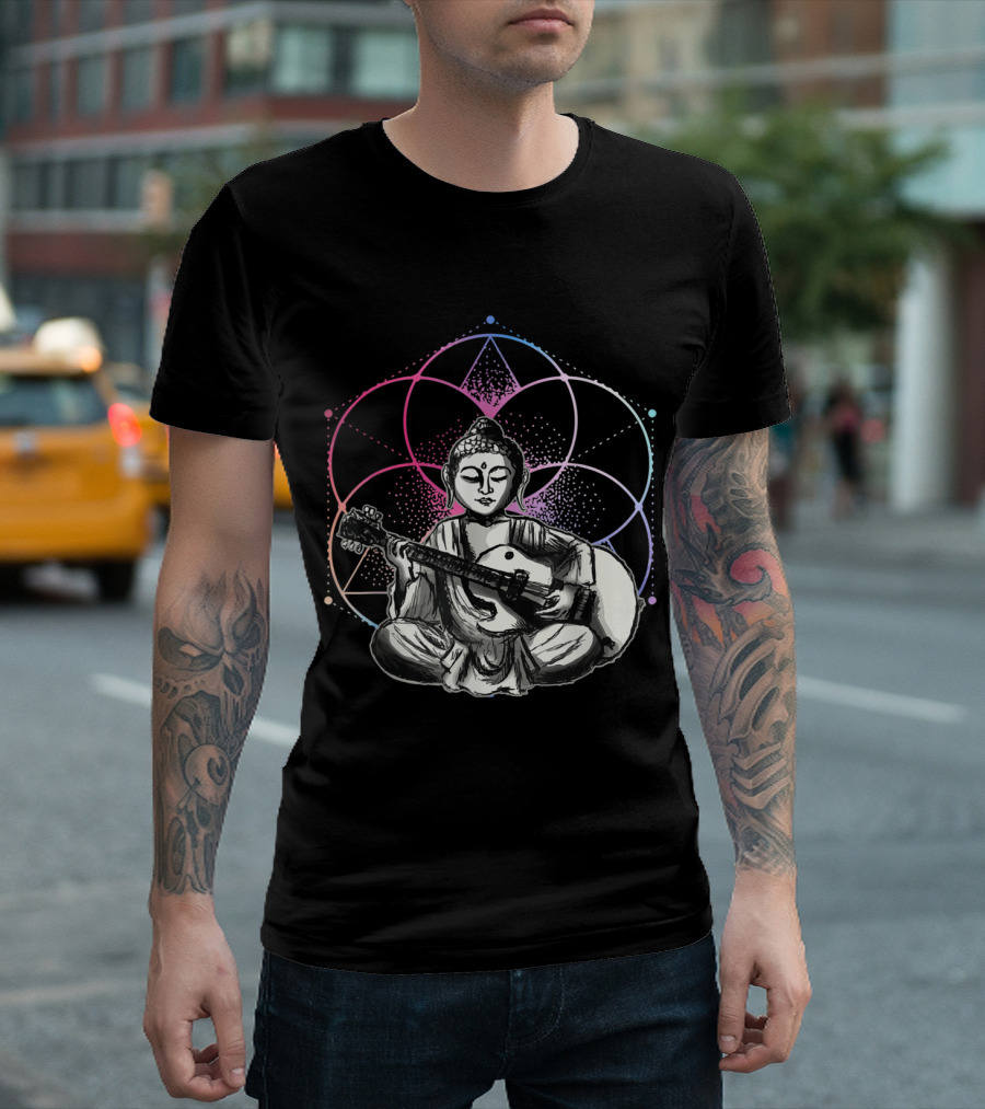 Buddha Playing Guitar Yoga Buddhist Sacred Geometry T-Shirt