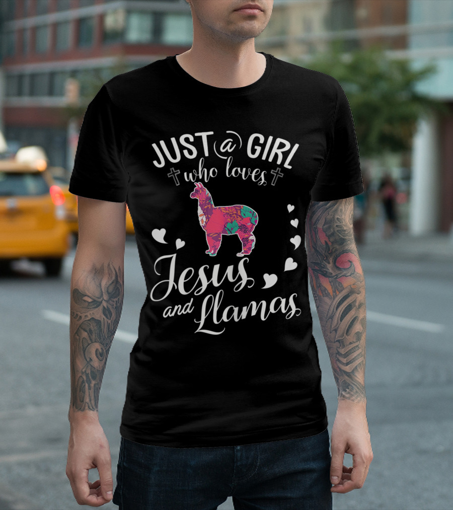 Just A Girl Who Loves Jesus And Llamas with Hearts and Crosses T-Shirt