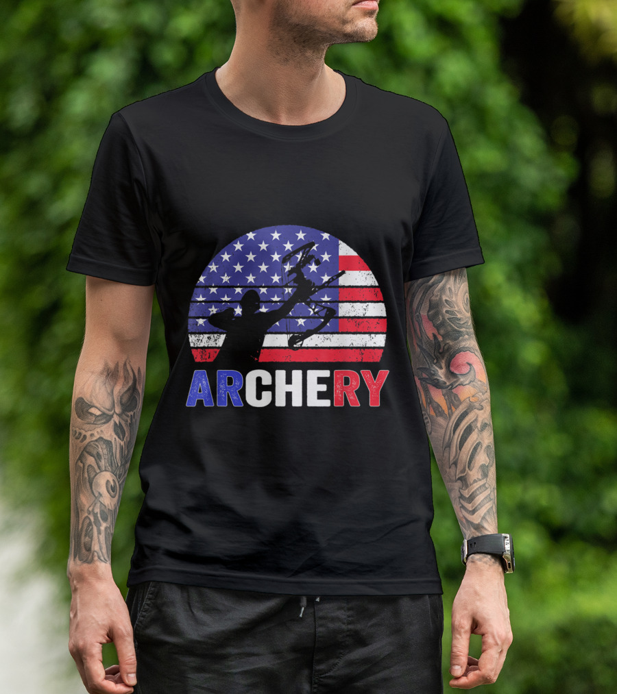 Archery Silhouette With US Flag For 4th Of July T-Shirt