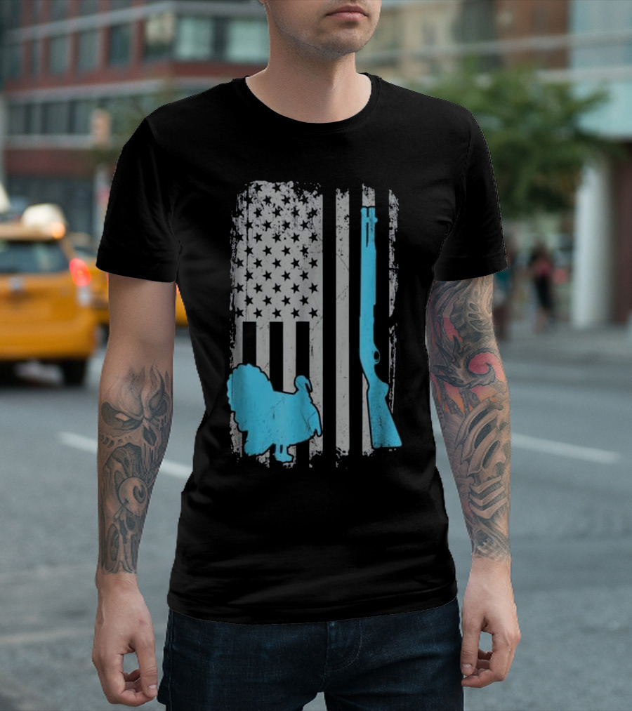 American Flag Turkey Hunting Shotgun Gobbler Hunt T-Shirt