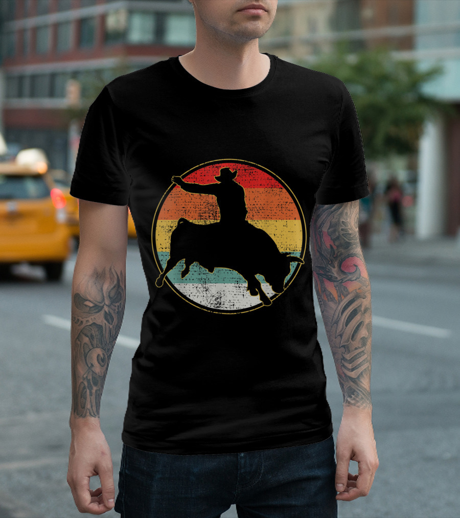 Bull Riding Cowboy Vintage Western Silhouette Retro Sunset T-Shirt