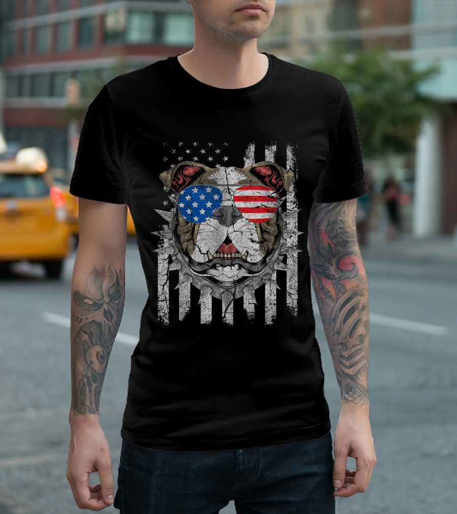 Bulldog Wearing American Flag Sunglasses with Spiked Collar on Distressed 4th of July Flag T-Shirt