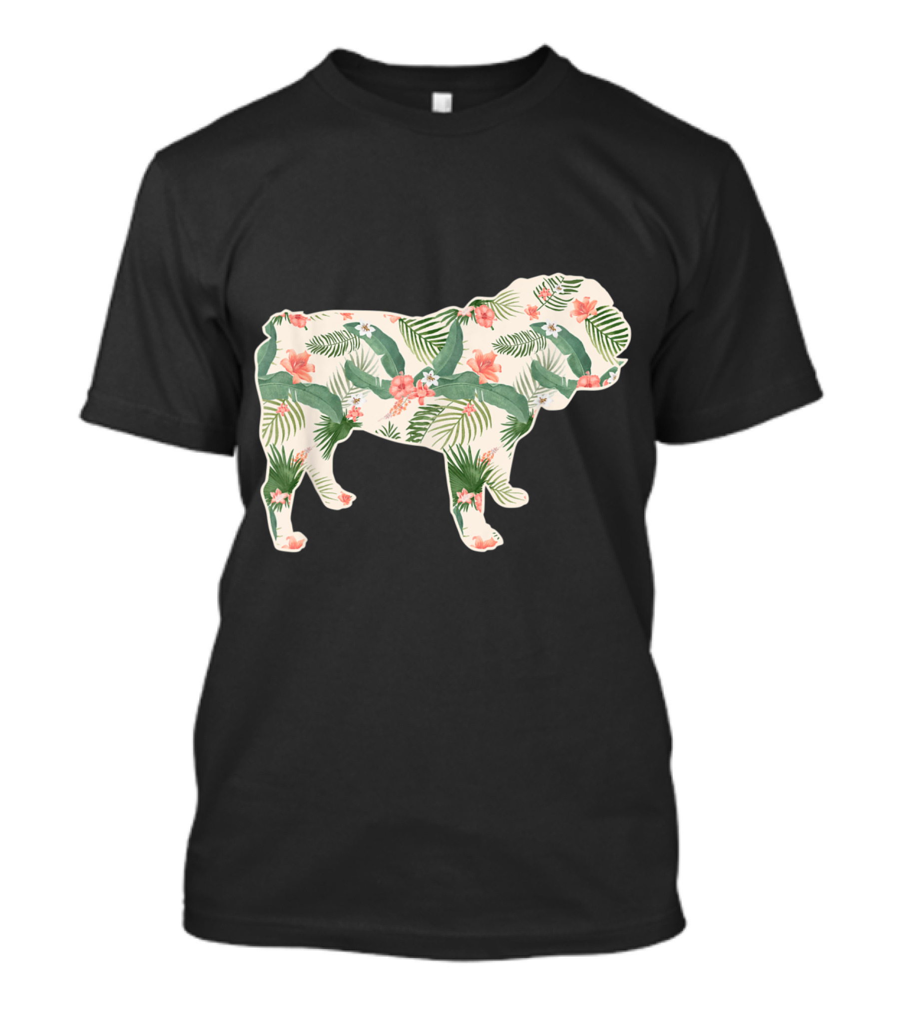 Bulldog Floral Print With Tropical Leaves And Flowers T-Shirt