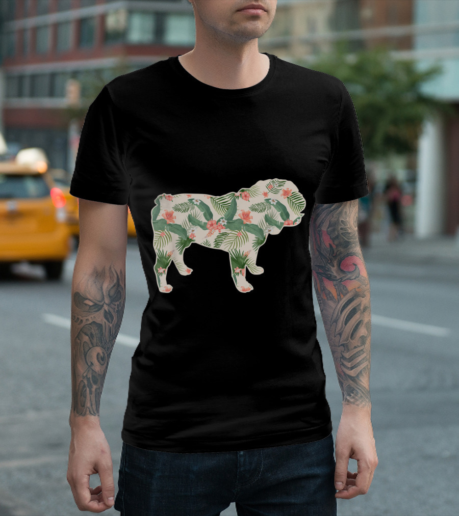 Bulldog Floral Print With Tropical Leaves And Flowers T-Shirt