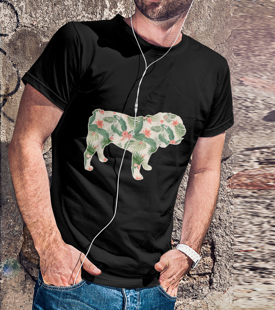 Bulldog Floral Print With Tropical Leaves And Flowers T-Shirt