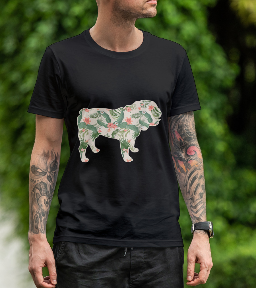 Bulldog Floral Print With Tropical Leaves And Flowers T-Shirt