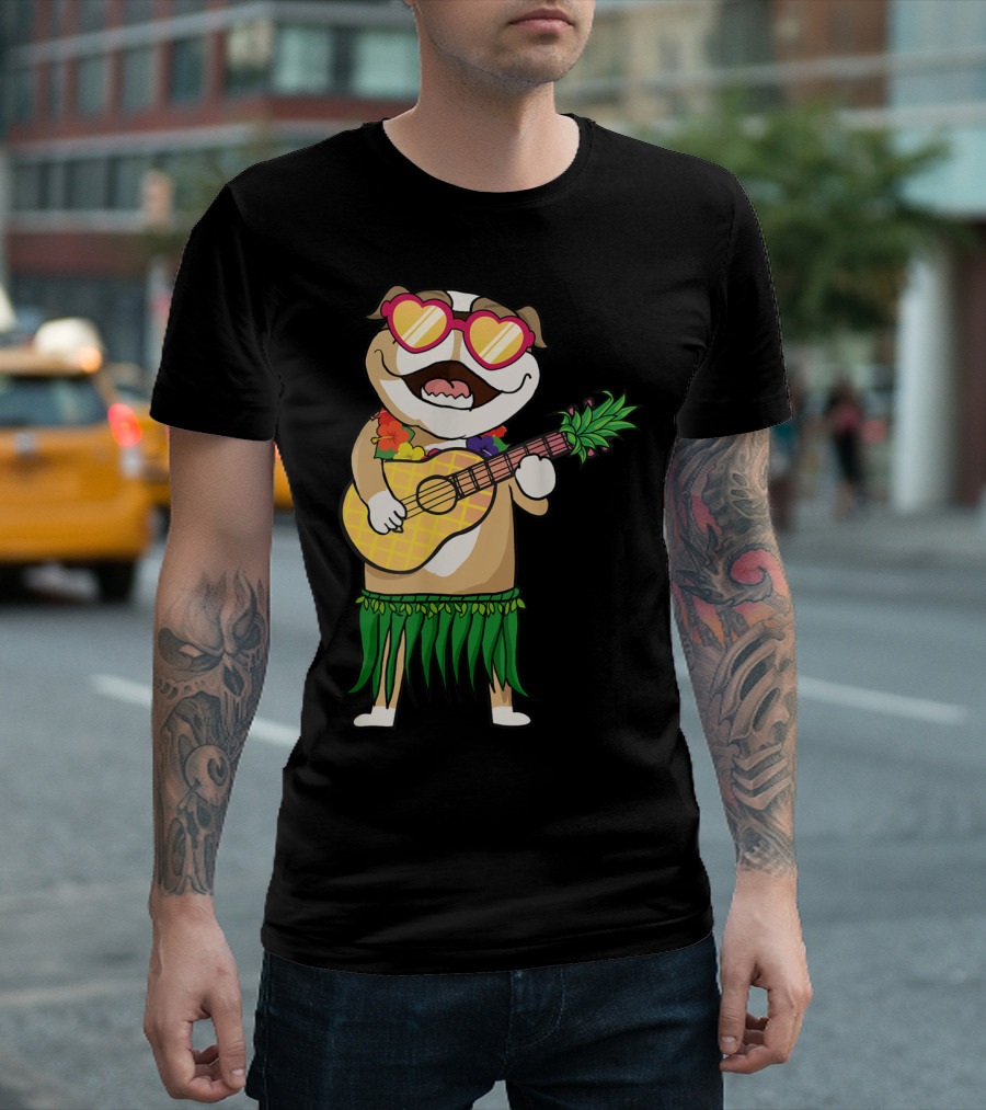 Bulldog Hawaiian Costume Playing Ukulele Summer Hula Festive Look T-Shirt