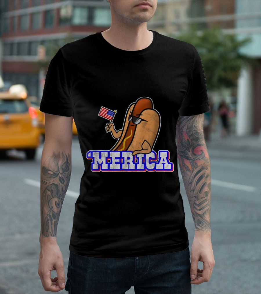 Merica Hotdog Holding American Flag Funny Patriotic America Murica T-Shirt