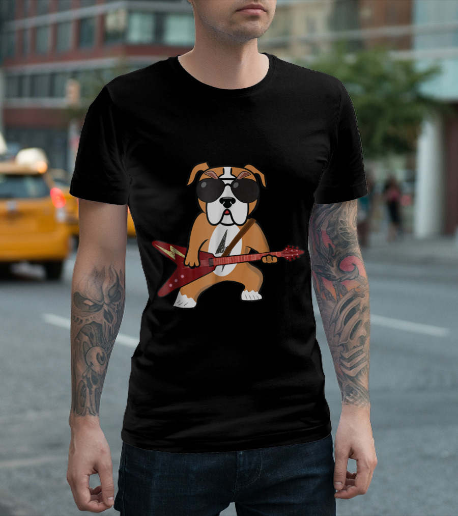 Bulldog Rocker Playing Electric Guitar with Sunglasses T-Shirt