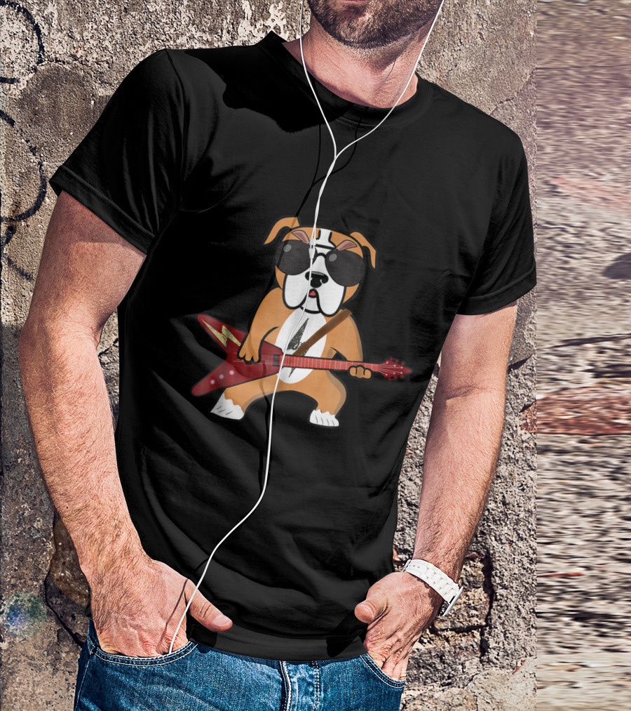 Bulldog Rocker Playing Electric Guitar With Sunglasses T-Shirt