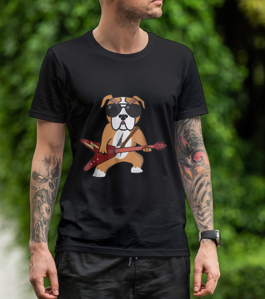 Bulldog Rocker Playing Electric Guitar With Sunglasses T-Shirt