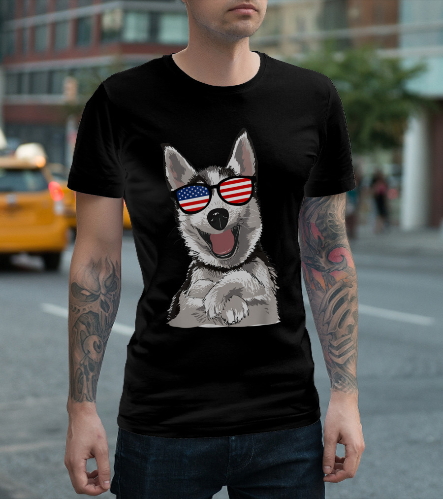 Patriotic Husky Dog With American Flag Glasses For July 4th T-Shirt