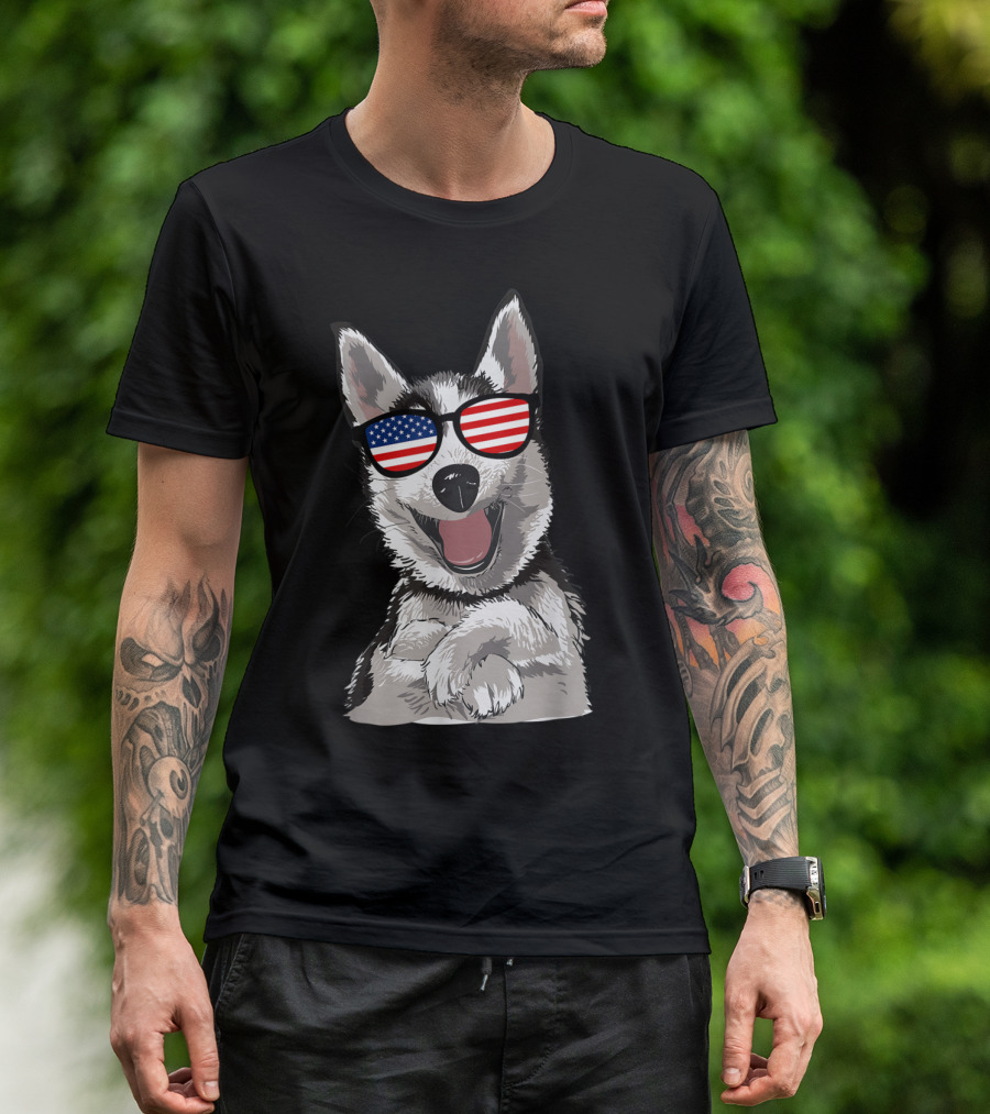 Patriotic Husky Dog With American Flag Glasses For July 4th T-Shirt